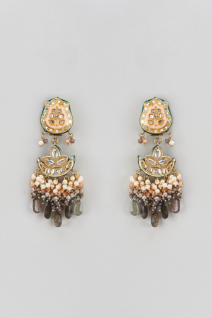 Gold Finish Semi-Precious Stone & Pearl Meenakari Dangler Earrings by Turquoise Jewels at Pernia's Pop Up Shop