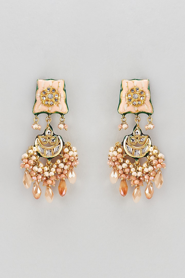 Gold Finish Semi-Precious Stone & Pearl Meenakari Dangler Earrings by Turquoise Jewels at Pernia's Pop Up Shop