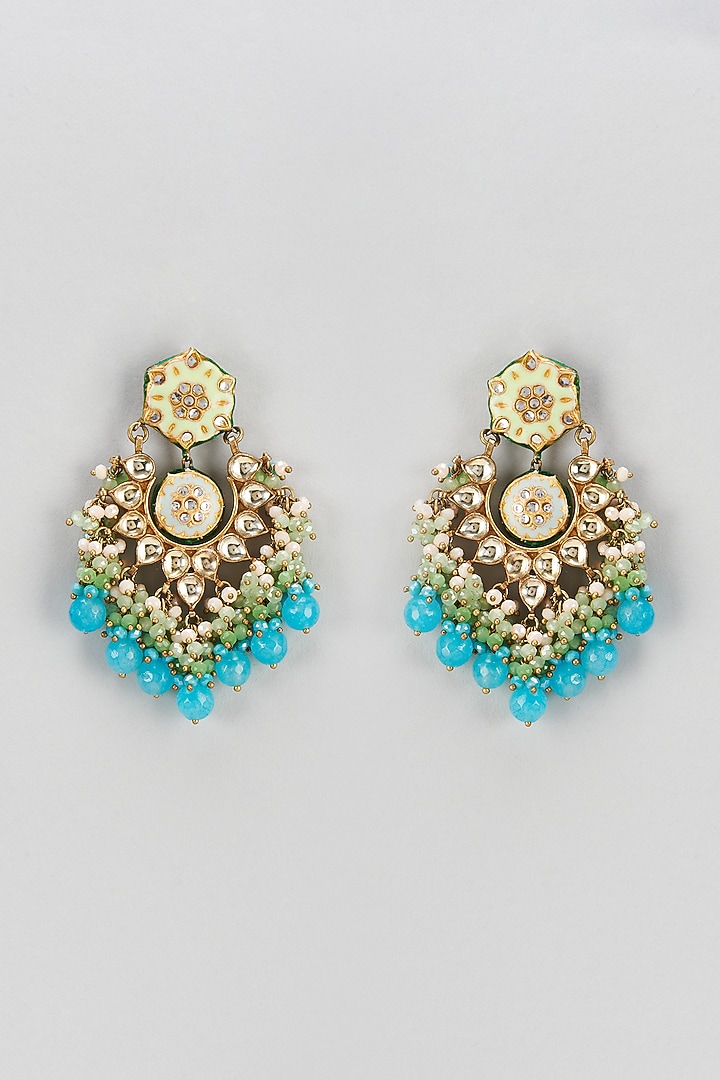 Gold Finish Semi-Precious Stone & Pearl Meenakari Dangler Earrings by Turquoise Jewels at Pernia's Pop Up Shop