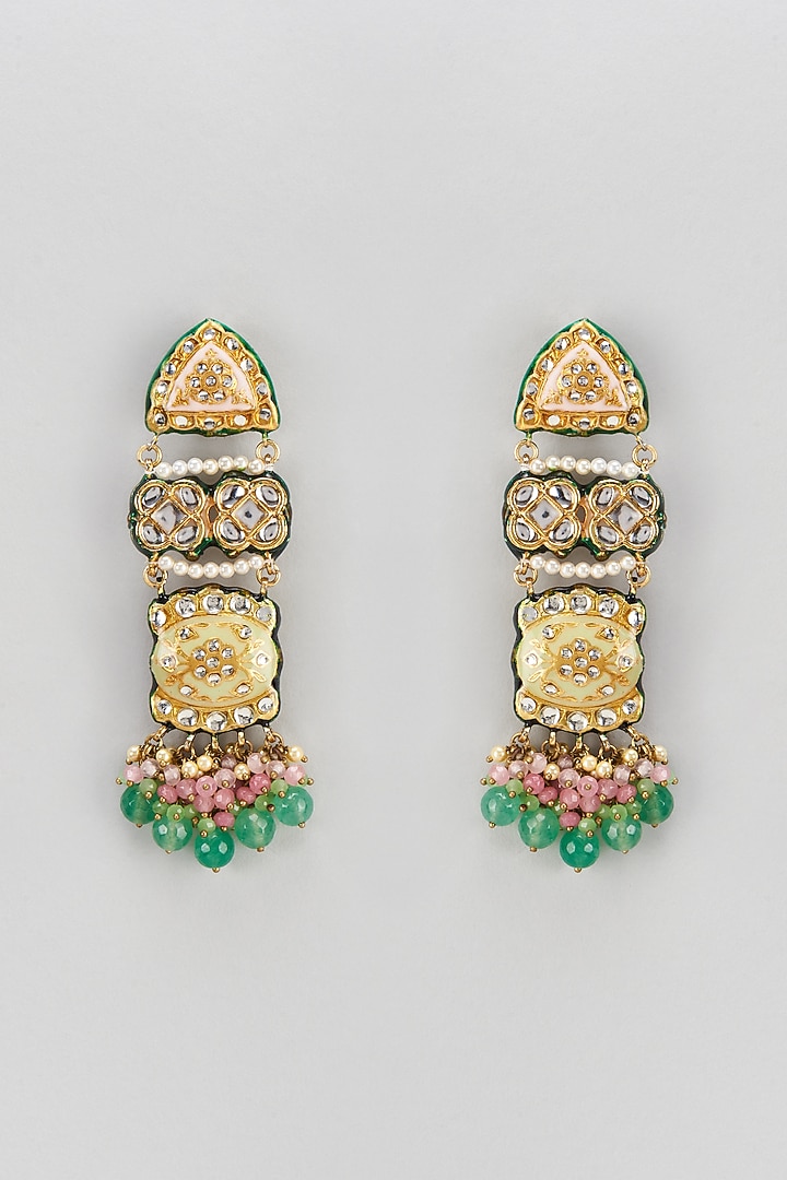 Gold Finish Semi-Precious Stone & Pearl Meenakari Dangler Earrings by Turquoise Jewels at Pernia's Pop Up Shop