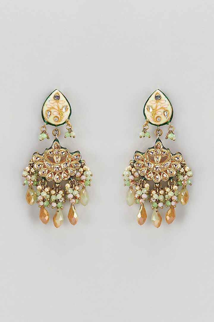 Gold Finish Semi-Precious Stone & Pearl Meenakari Dangler Earrings by Turquoise Jewels at Pernia's Pop Up Shop