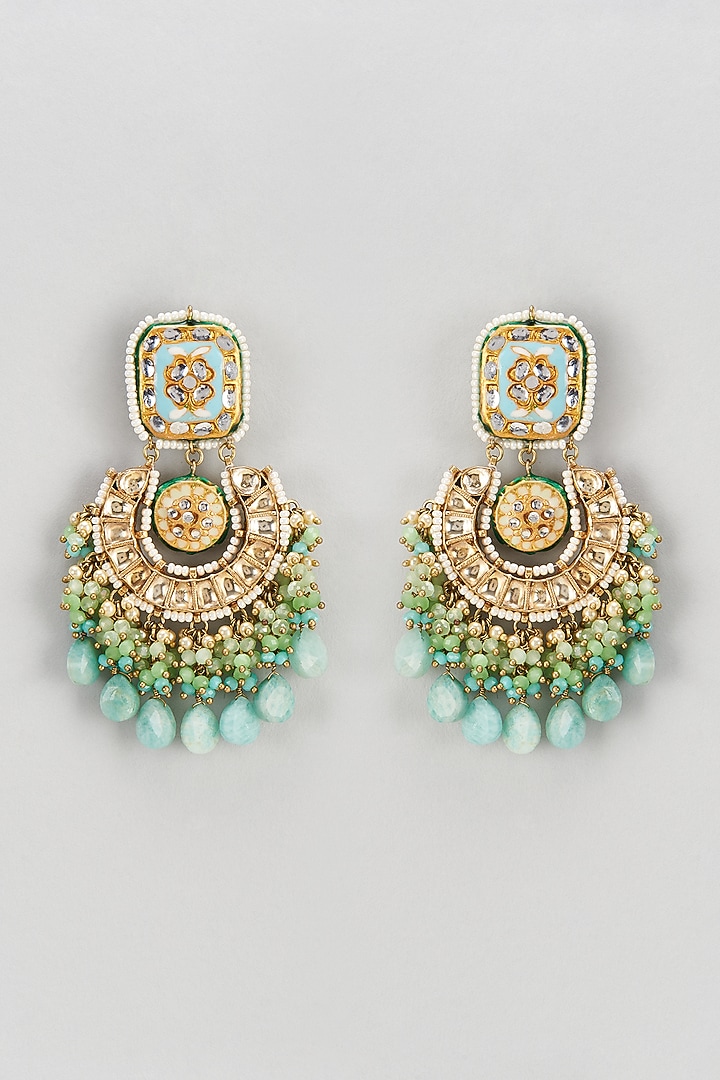 Gold Finish Semi-Precious Stone & Pearl Meenakari Dangler Earrings by Turquoise Jewels at Pernia's Pop Up Shop