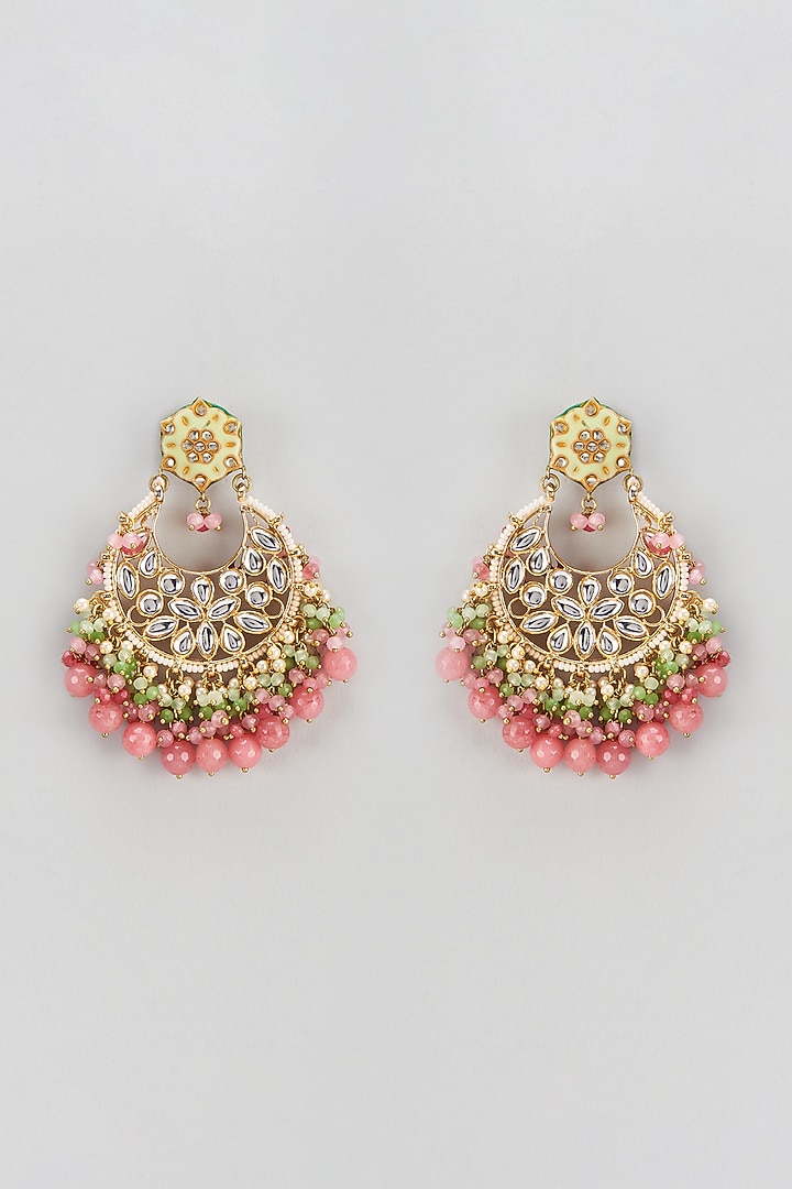 Gold Finish Semi-Precious Stone & Pearl Meenakari Dangler Earrings by Turquoise Jewels at Pernia's Pop Up Shop