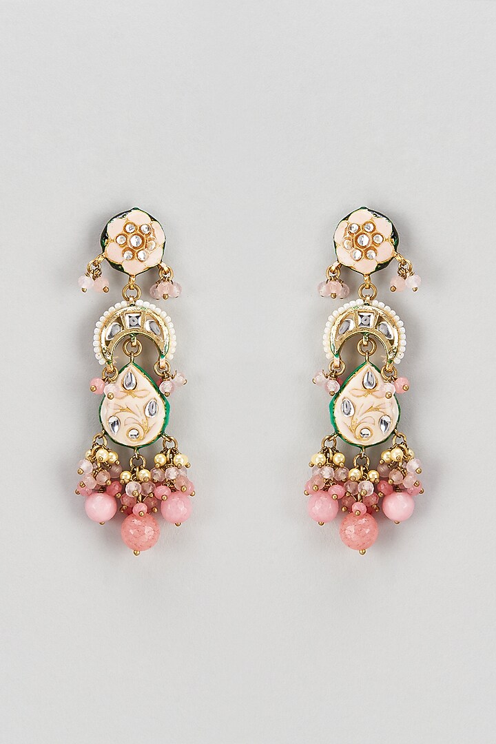 Gold Finish Semi-Precious Stone & Pearl Meenakari Dangler Earrings by Turquoise Jewels at Pernia's Pop Up Shop