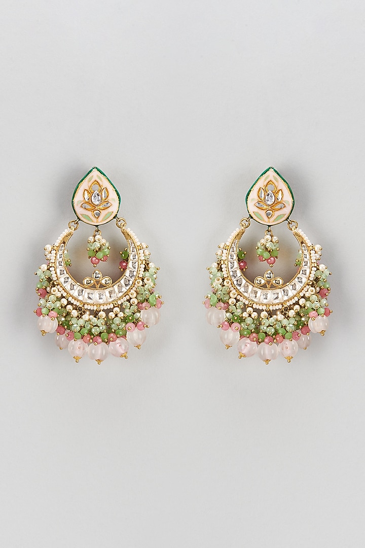 Gold Finish Semi-Precious Stone & Pearl Meenakari Dangler Earrings by Turquoise Jewels at Pernia's Pop Up Shop