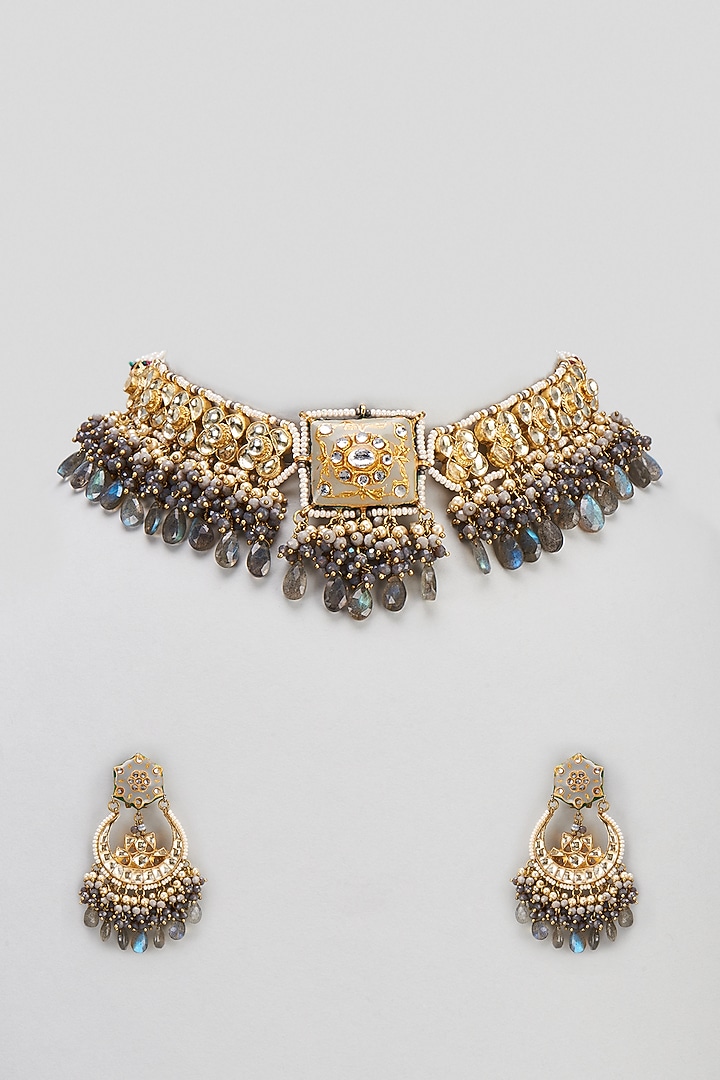 Gold Finish Semi-Precious Stone & Pearl Meenakari Necklace Set by Turquoise Jewels at Pernia's Pop Up Shop
