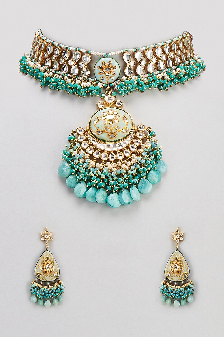 Gold Finish Semi-Precious Stone & Pearl Meenakari Necklace Set by Turquoise Jewels at Pernia's Pop Up Shop