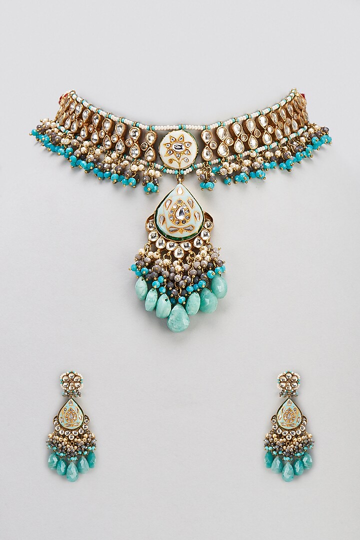 Gold Finish Semi-Precious Stone & Pearl Meenakari Necklace Set by Turquoise Jewels at Pernia's Pop Up Shop