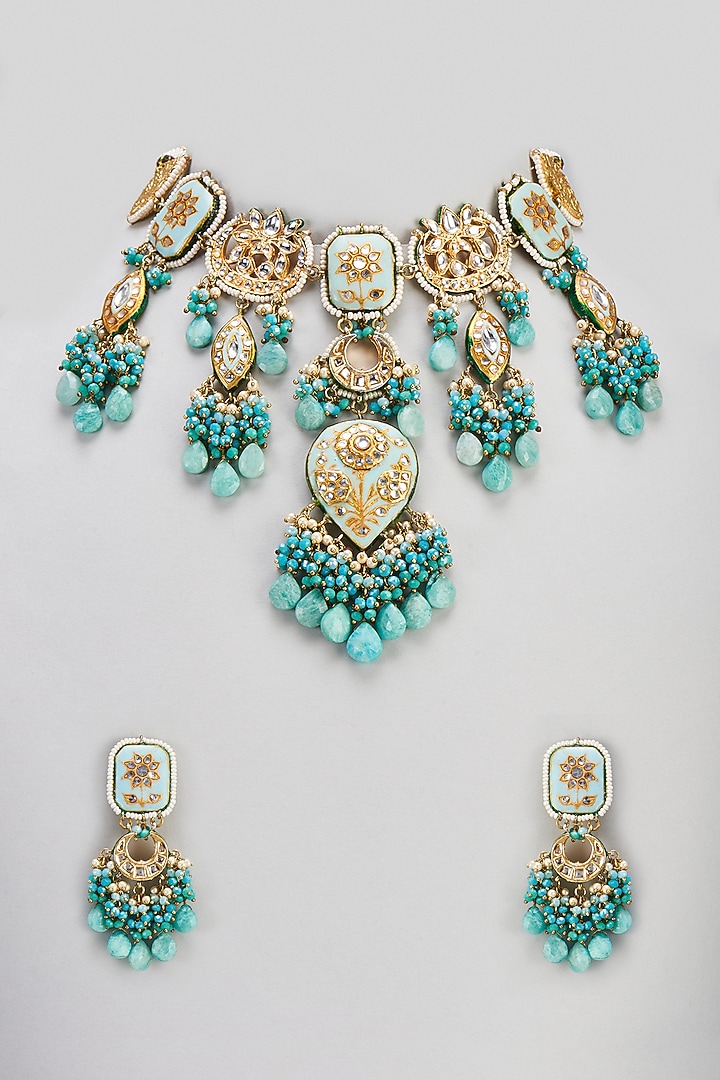 Gold Finish Semi-Precious Stone & Pearl Meenakari Necklace Set by Turquoise Jewels at Pernia's Pop Up Shop