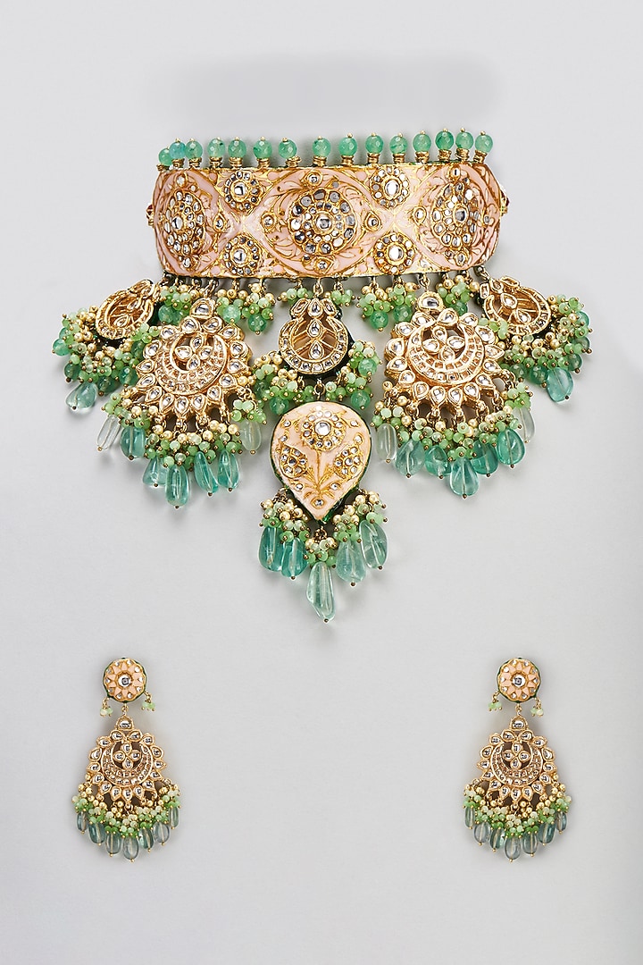 Gold Finish Semi-Precious Stone & Pearl Meenakari Necklace Set by Turquoise Jewels at Pernia's Pop Up Shop