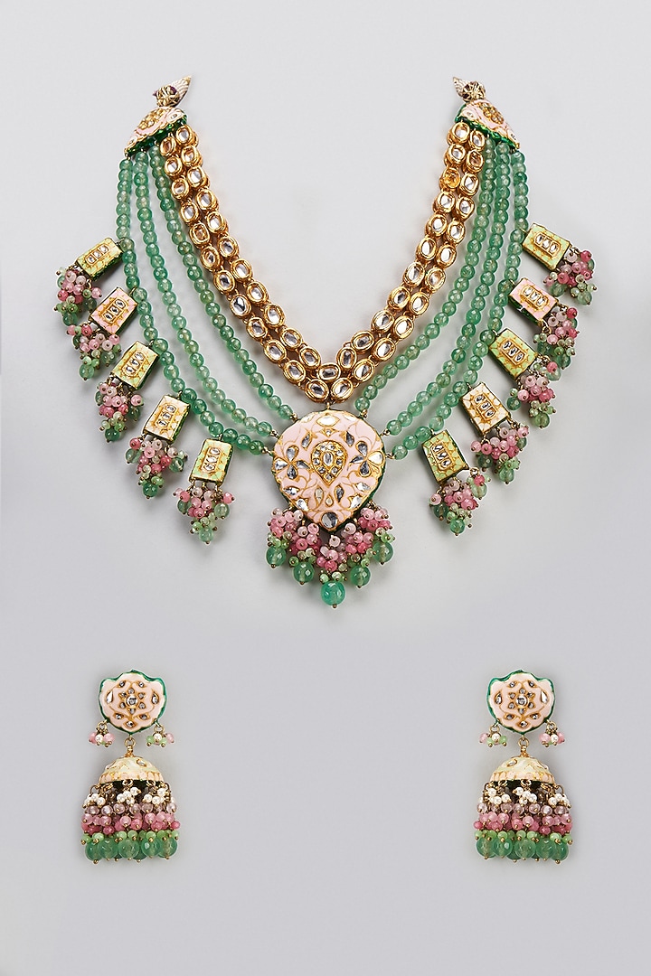 Gold Finish Semi-Precious Stone & Pearl Meenakari Necklace Set by Turquoise Jewels at Pernia's Pop Up Shop