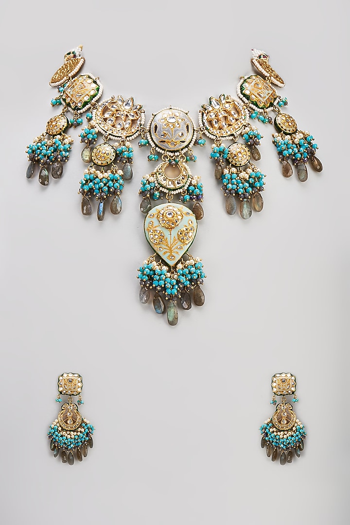 Gold Finish Semi-Precious Stone & Pearl Meenakari Necklace Set by Turquoise Jewels at Pernia's Pop Up Shop
