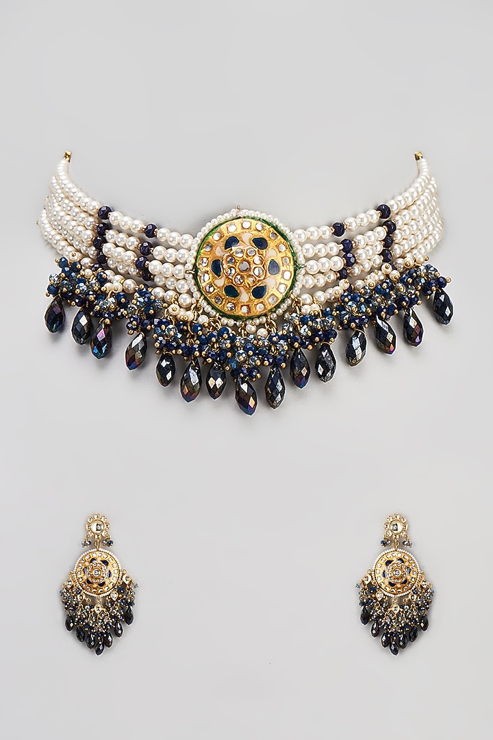 Gold Finish Semi-Precious Stone & Pearl Meenakari Necklace Set by Turquoise Jewels at Pernia's Pop Up Shop