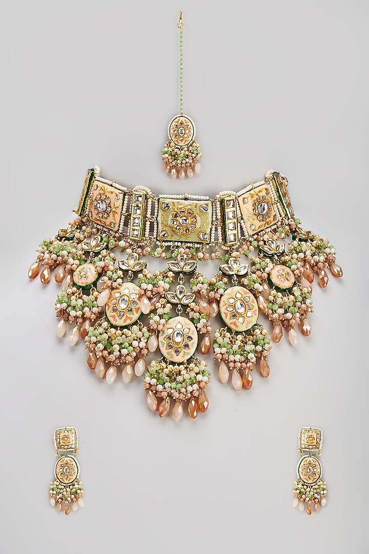 Gold Finish Semi-Precious Stone & Pearl Meenakari Necklace Set by Turquoise Jewels at Pernia's Pop Up Shop
