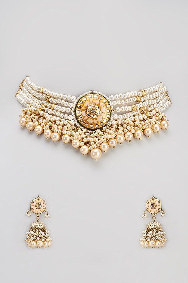 Gold Finish Pearl Meenakari Necklace Set by Turquoise Jewels at Pernia's Pop Up Shop