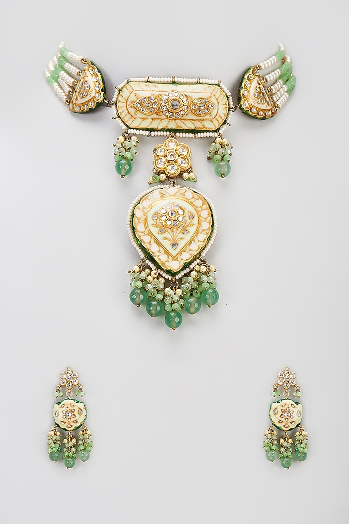 Gold Finish Semi-Precious Stone & Pearl Meenakari Necklace Set by Turquoise Jewels at Pernia's Pop Up Shop