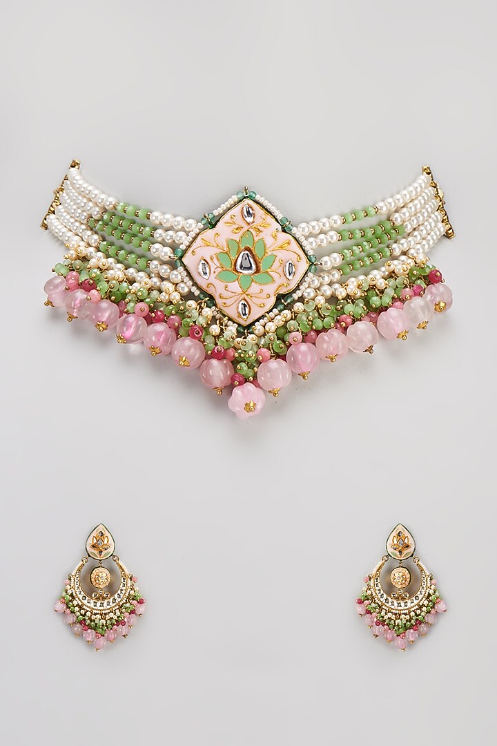 Gold Finish Semi-Precious Stone & Pearl Meenakari Necklace Set by Turquoise Jewels at Pernia's Pop Up Shop