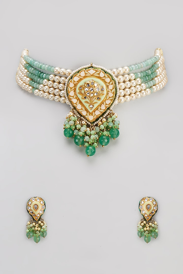 Gold Finish Semi-Precious Stone & Pearl Meenakari Necklace Set by Turquoise Jewels at Pernia's Pop Up Shop