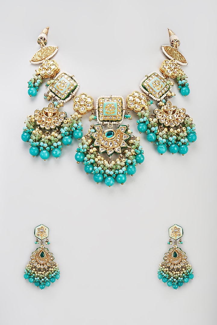 Gold Finish Semi-Precious Stone & Pearl Meenakari Necklace Set by Turquoise Jewels at Pernia's Pop Up Shop