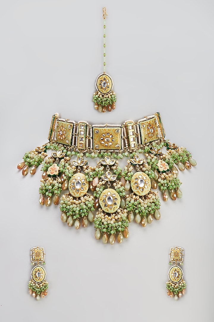 Gold Finish Semi-Precious Stone & Pearl Meenakari Necklace Set by Turquoise Jewels at Pernia's Pop Up Shop