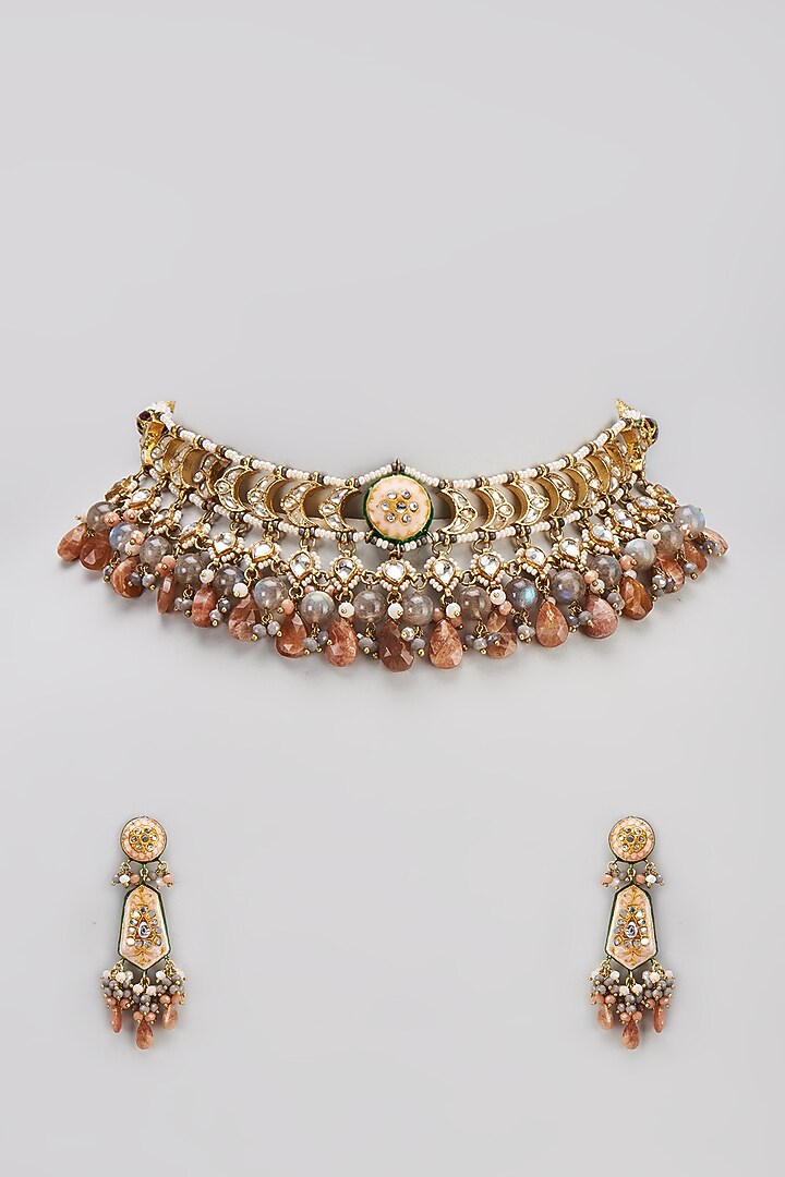 Gold Finish Semi-Precious Stone & Pearl Meenakari Necklace Set by Turquoise Jewels at Pernia's Pop Up Shop