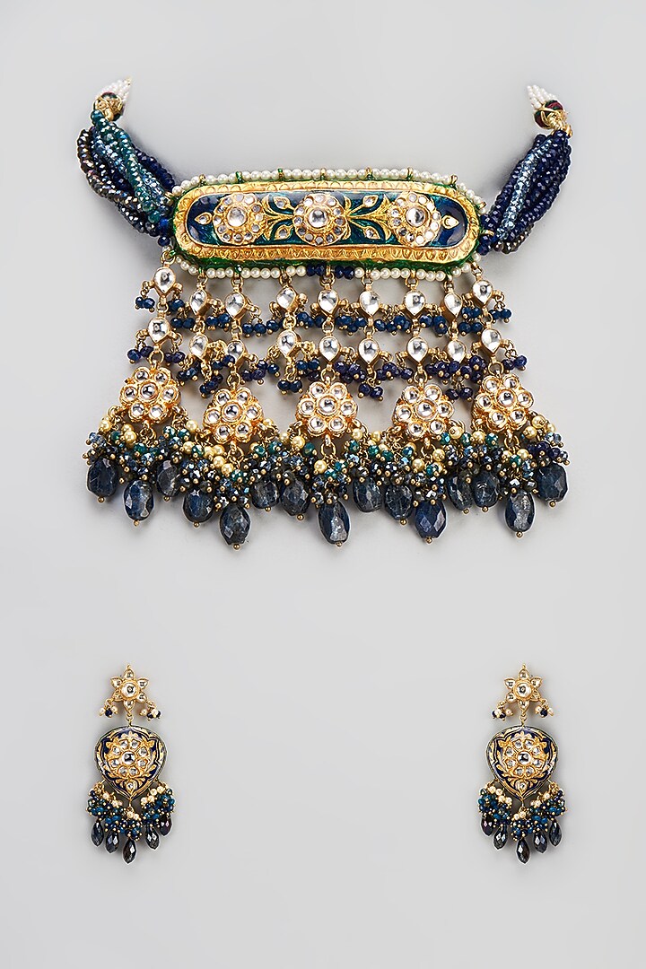 Gold Finish Semi-Precious Stone & Pearl Meenakari Necklace Set by Turquoise Jewels at Pernia's Pop Up Shop