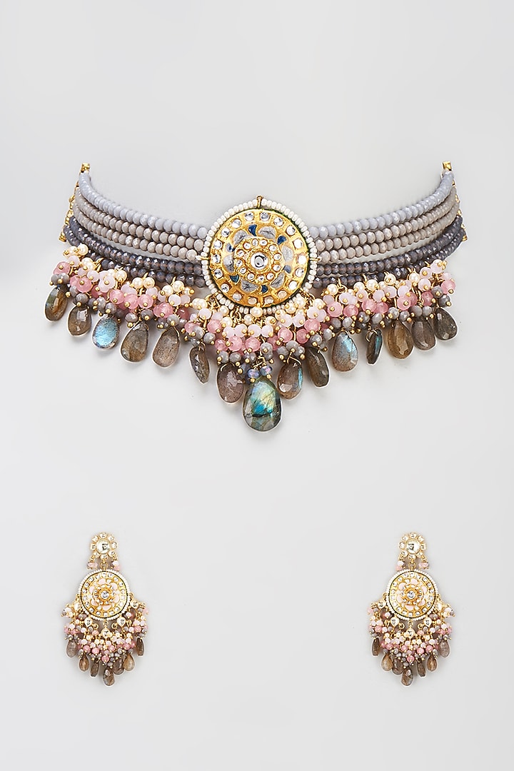 Gold Finish Semi-Precious Stone & Pearl Meenakari Necklace Set by Turquoise Jewels at Pernia's Pop Up Shop