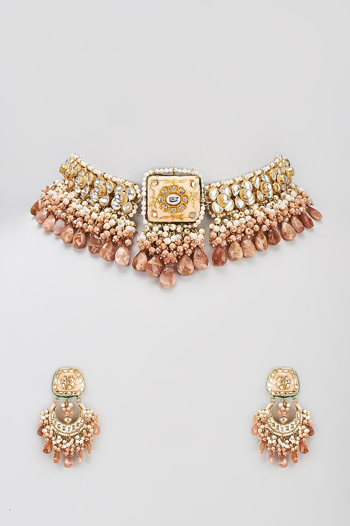 Gold Finish Semi-Precious Stone & Pearl Meenakari Necklace Set by Turquoise Jewels at Pernia's Pop Up Shop