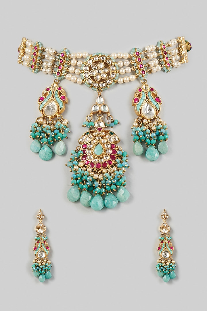 Gold Plated Choker Necklace Set with Firoza by Turquoise Jewels at Pernia's Pop Up Shop