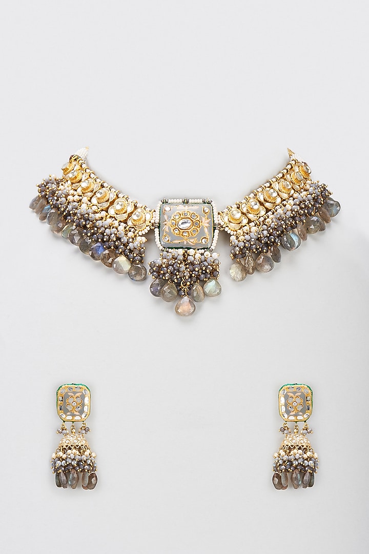 Gold Finish Semi-Precious Stone & Pearl Meenakari Necklace Set by Turquoise Jewels at Pernia's Pop Up Shop
