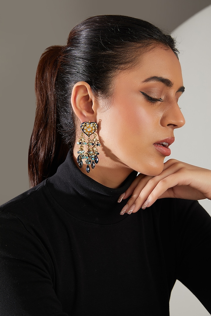 Gold Finish Blue Onyx & Semi-Precious Stone Meenakari Dangler Earrings by Turquoise Jewels