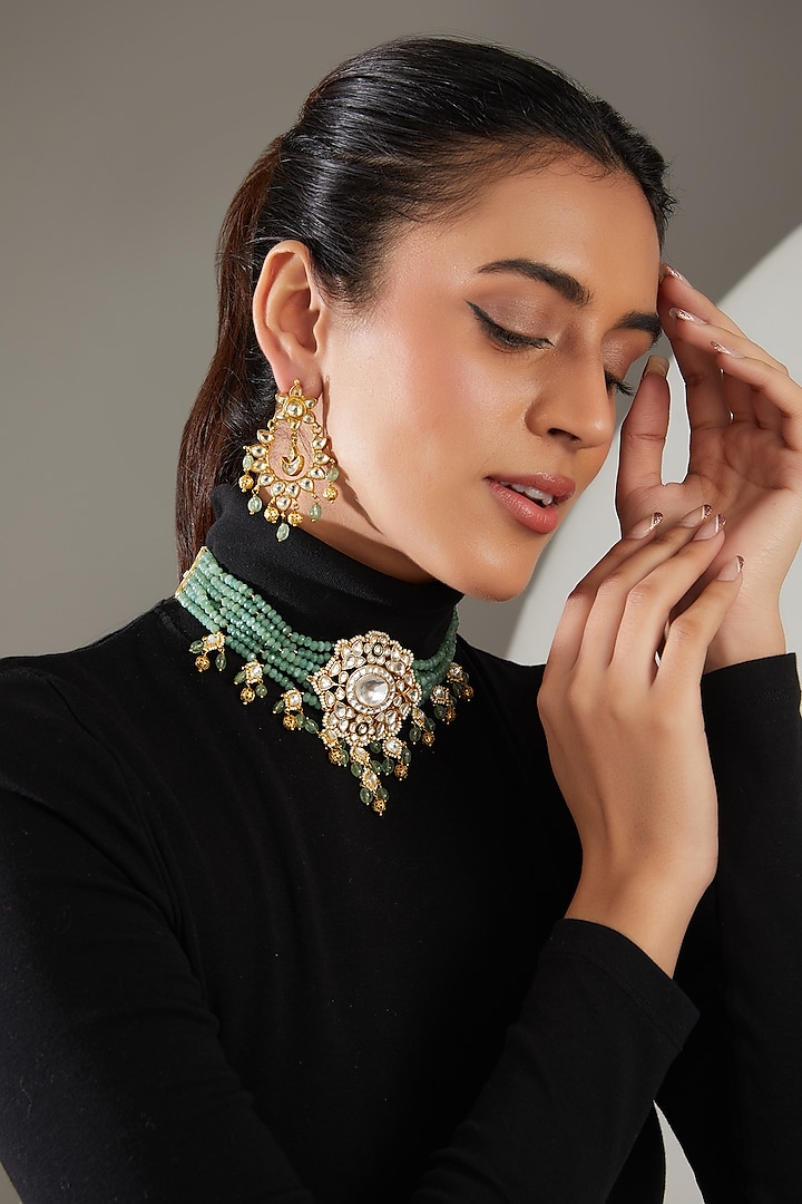 Gold Finish Kundan Polki & Emerald Necklace Set by Turquoise Jewels