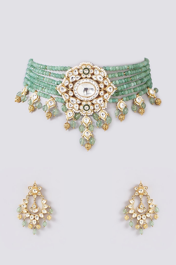 Gold Finish Kundan Polki & Emerald Necklace Set by Turquoise Jewels at Pernia's Pop Up Shop