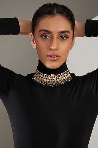 Gold Finish Green Semi-Precious Stone & Pearl Meenakari Necklace by Turquoise Jewels