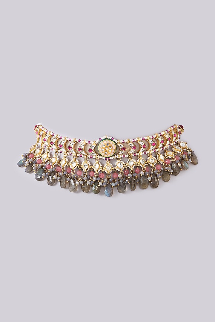 Gold Finish Green Semi-Precious Stone & Pearl Meenakari Necklace by Turquoise Jewels at Pernia's Pop Up Shop