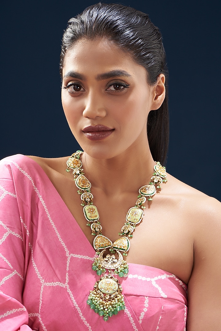 Gold Plated Semi-Precious Stone Meenakari Long Necklace by Turquoise Jewels at Pernia's Pop Up Shop