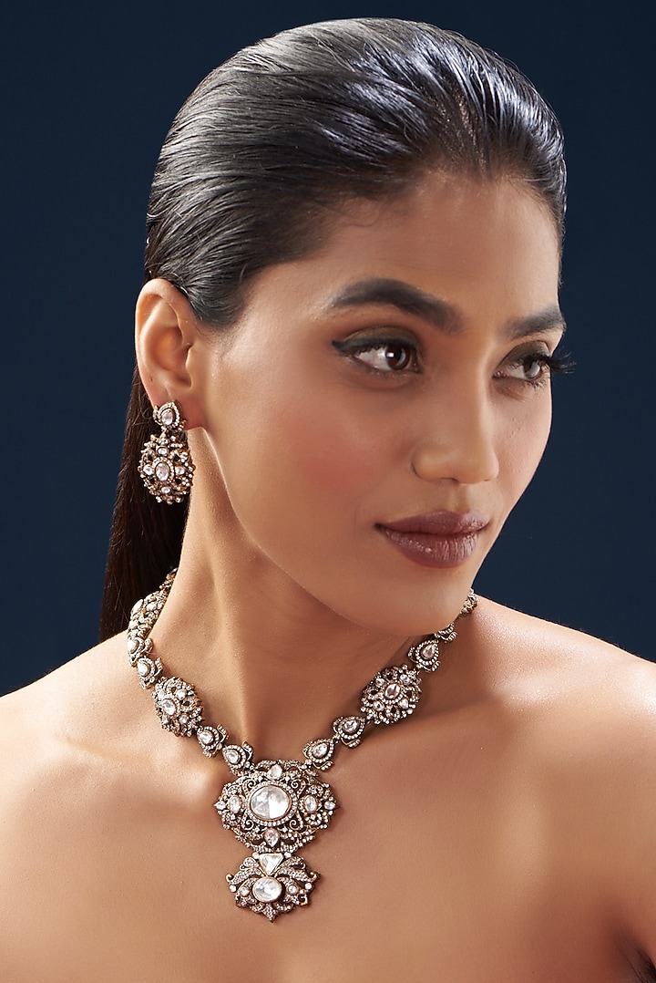 Two-Tone Finish Kundan Polki & Semi-Precious Stone Necklace Set by Turquoise Jewels at Pernia's Pop Up Shop