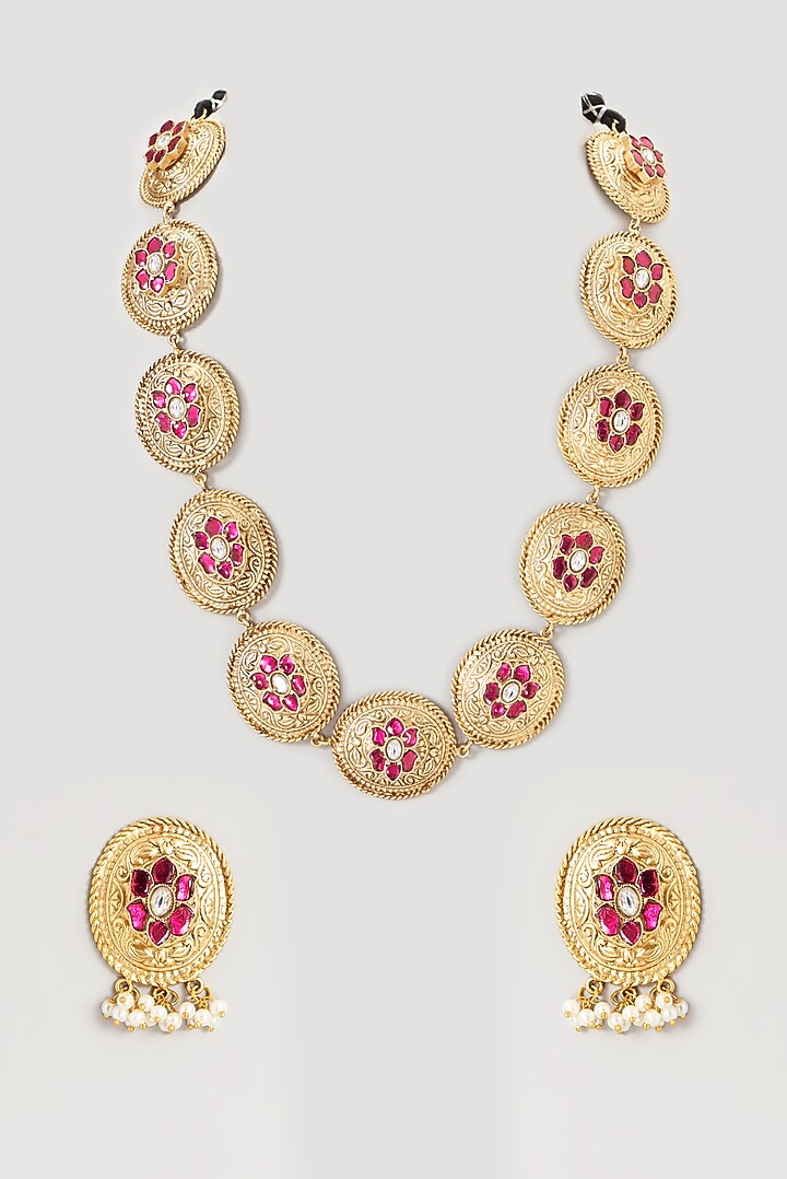 Gold Plated Kundan Polki & Semi-Precious Stone Long Necklace Set by Turquoise Jewels at Pernia's Pop Up Shop