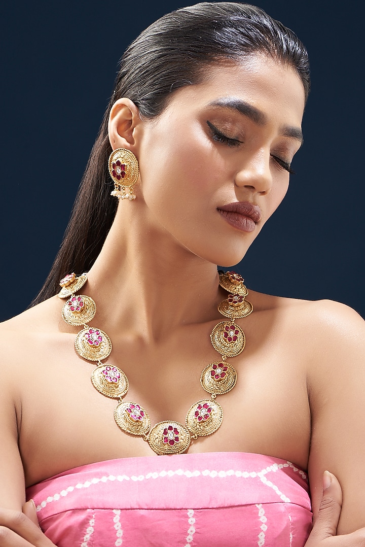 Gold Plated Kundan Polki & Semi-Precious Stone Long Necklace Set by Turquoise Jewels at Pernia's Pop Up Shop