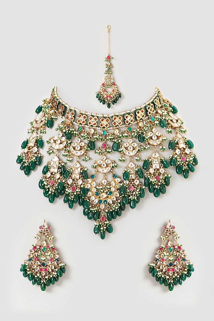 Gold Plated Kundan Polki & Semi-Precious Stone Choker Necklace Set by Turquoise Jewels at Pernia's Pop Up Shop