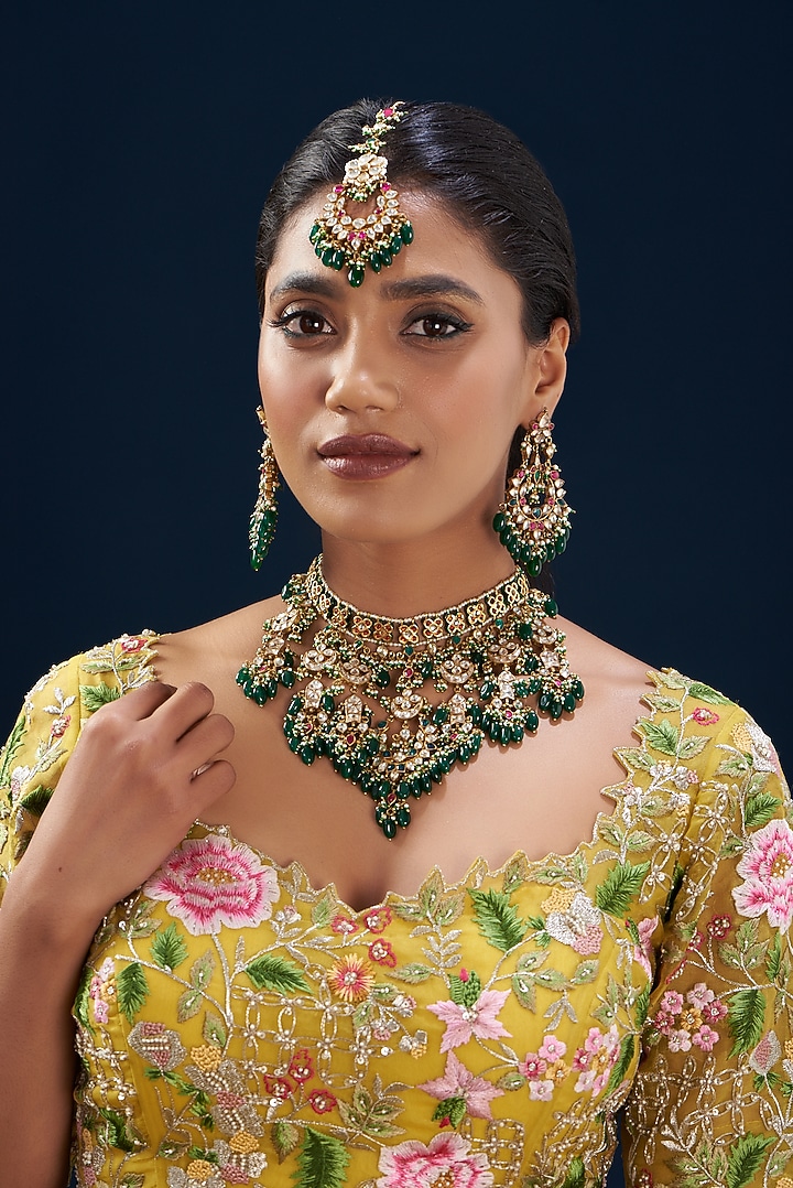 Gold Plated Kundan Polki & Semi-Precious Stone Choker Necklace Set by Turquoise Jewels at Pernia's Pop Up Shop