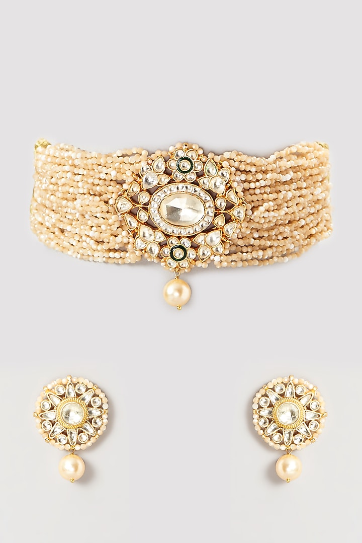 Gold Plated Kundan Polki & Semi-Precious Stone Choker Necklace Set by Turquoise Jewels at Pernia's Pop Up Shop