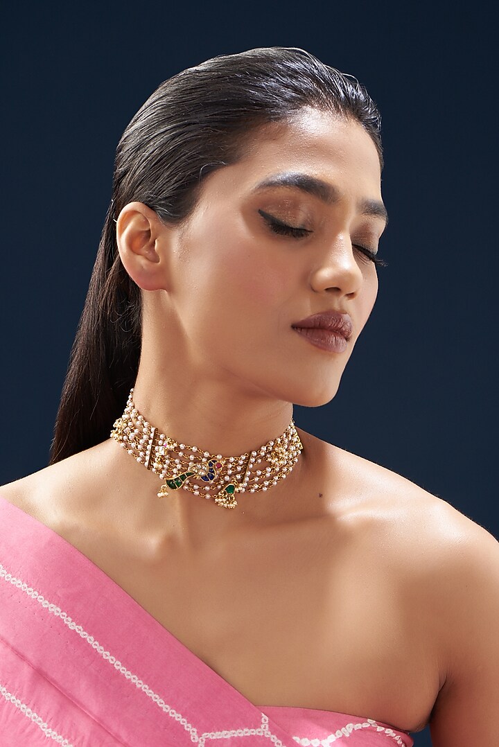 Gold Plated Kundan Polki & Semi-Precious Stone Choker Necklace by Turquoise Jewels at Pernia's Pop Up Shop