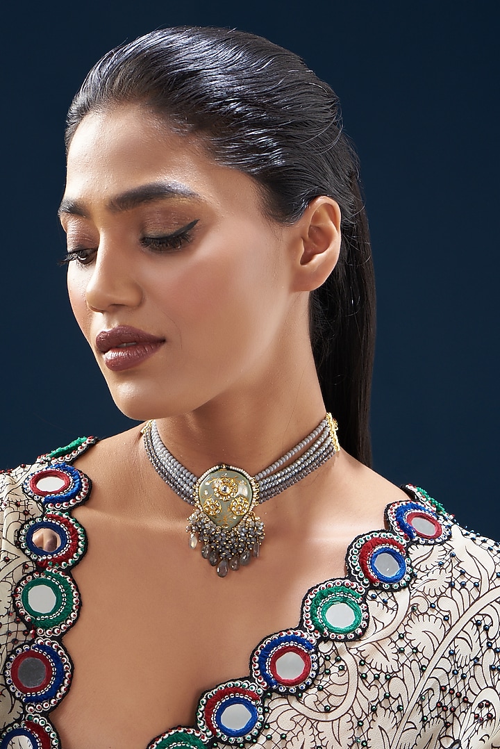 Gold Plated Semi-Precious Stone Meenakari Choker Necklace by Turquoise Jewels at Pernia's Pop Up Shop