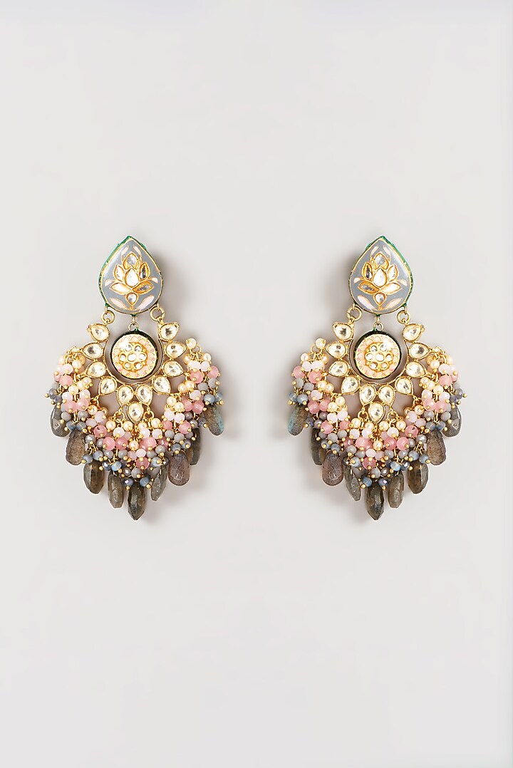 Gold Plated Semi-Precious Stone Meenakari Chandbali Earrings by Turquoise Jewels at Pernia's Pop Up Shop