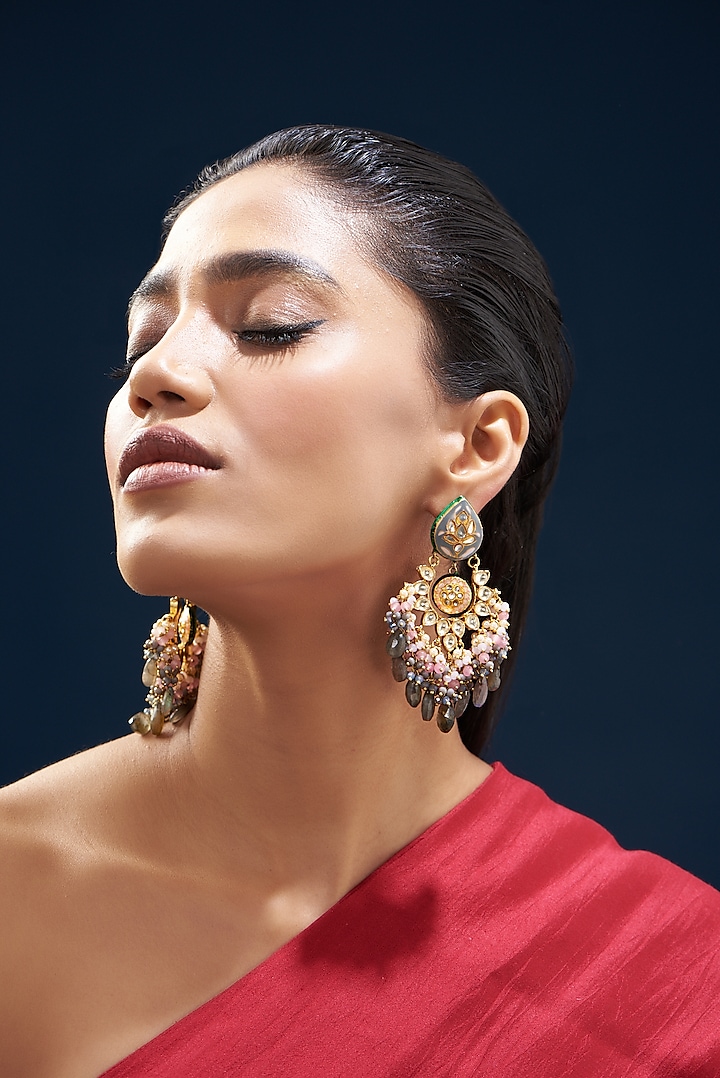 Gold Plated Semi-Precious Stone Meenakari Chandbali Earrings by Turquoise Jewels at Pernia's Pop Up Shop