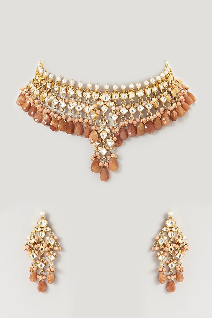 Gold Plated Kundan Polki & Semi-Precious Stone Choker Necklace Set by Turquoise Jewels at Pernia's Pop Up Shop