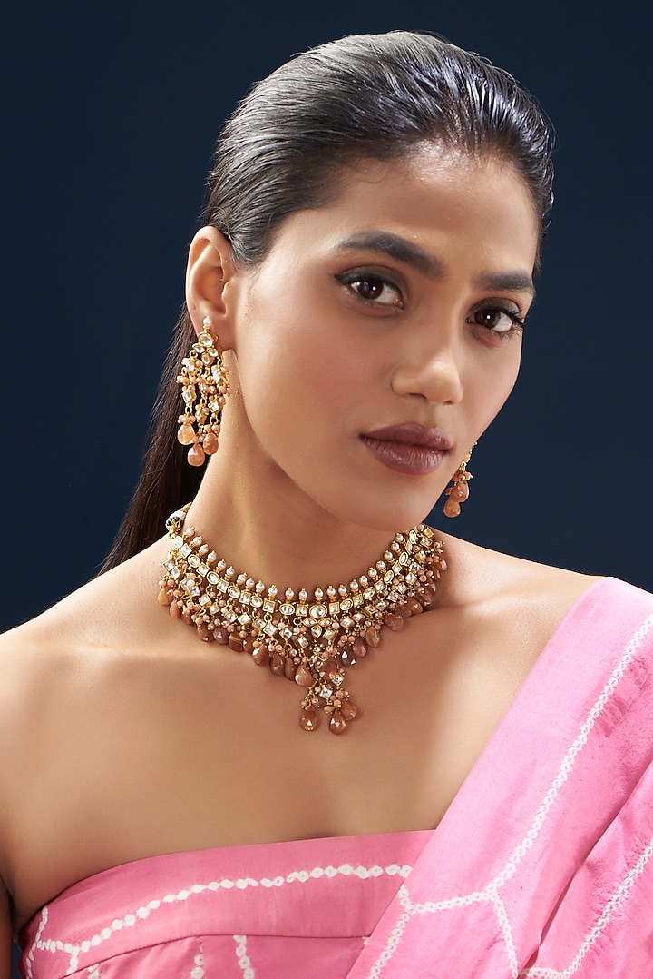 Gold Plated Kundan Polki & Semi-Precious Stone Choker Necklace Set by Turquoise Jewels at Pernia's Pop Up Shop