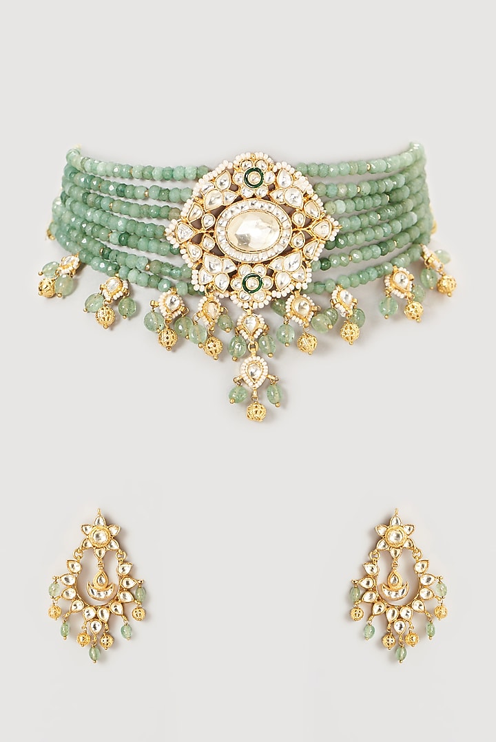 Gold Plated Kundan Polki & Semi-Precious Stone Choker Necklace Set by Turquoise Jewels at Pernia's Pop Up Shop