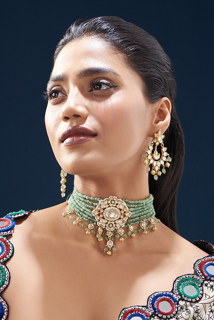 Gold Plated Kundan Polki & Semi-Precious Stone Choker Necklace Set by Turquoise Jewels at Pernia's Pop Up Shop